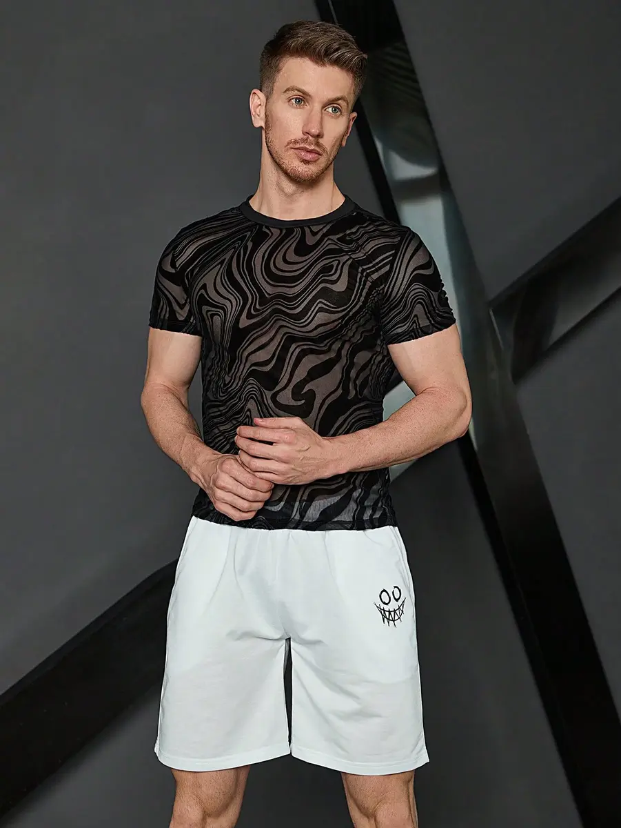 WDIRARA Men's Floral Print Mesh T-Shirt Black L | See-Through Party Top - view 5