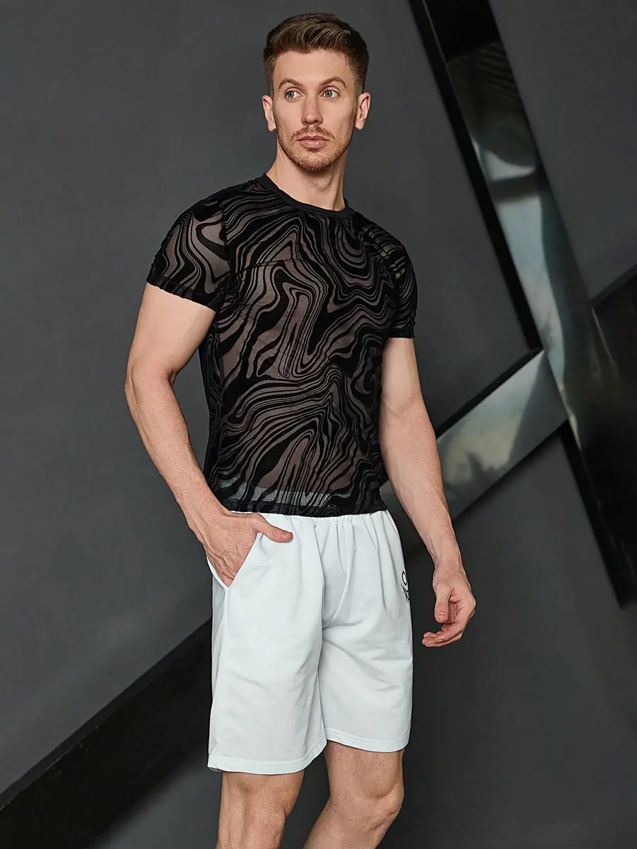 WDIRARA Men's Floral Print Mesh T-Shirt Black L | See-Through Party Top - view 6