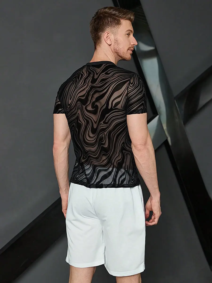 WDIRARA Men's Floral Print Mesh T-Shirt Black L | See-Through Party Top - view 2