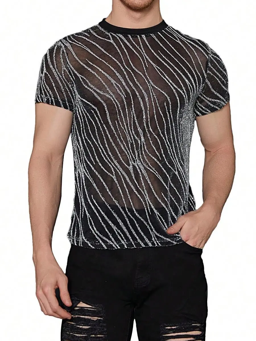 WDIRARA Men's Glitter Silver & Black Floral Print Mesh T-Shirt - Round Neck, Short Sleeve (XS) - main product image
