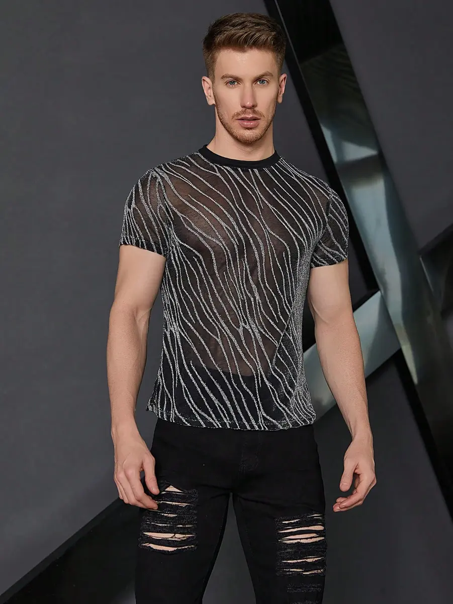 WDIRARA Men's Glitter Silver & Black Floral Print Mesh T-Shirt - Round Neck, Short Sleeve (XS) - view 3