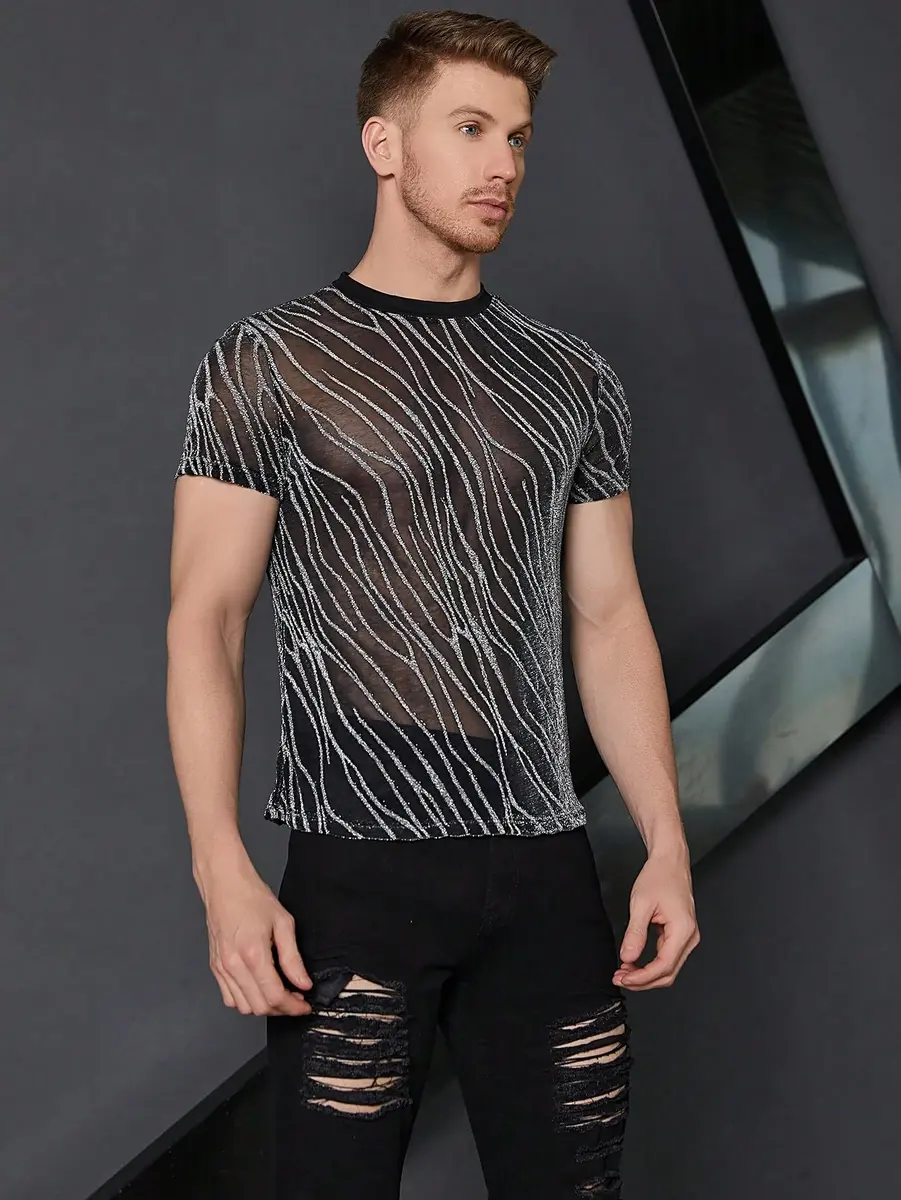 WDIRARA Men's Floral Print See Through Mesh T-Shirt Glitter Silver & Black Medium | Party & Club Wear - view 5