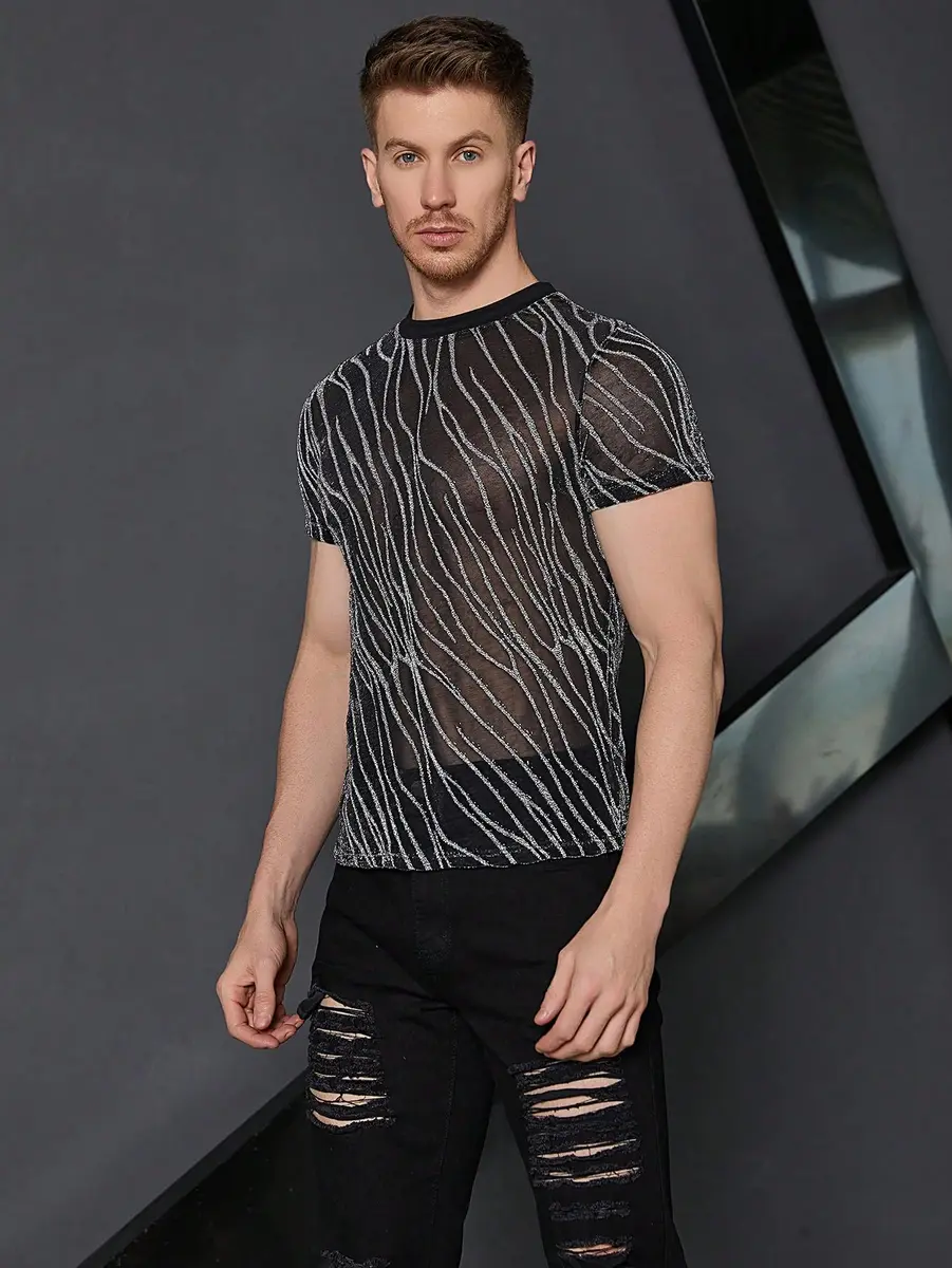WDIRARA Men's Floral Print See Through Mesh T-Shirt Glitter Silver & Black Medium | Party & Club Wear - view 6