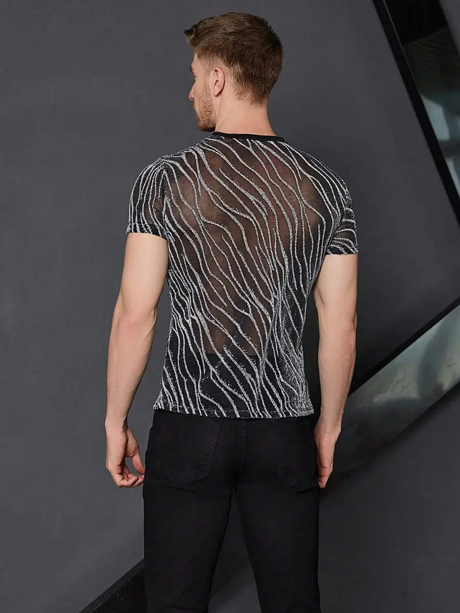 WDIRARA Men's Floral Print See Through Mesh T-Shirt Glitter Silver & Black Medium | Party & Club Wear - view 2