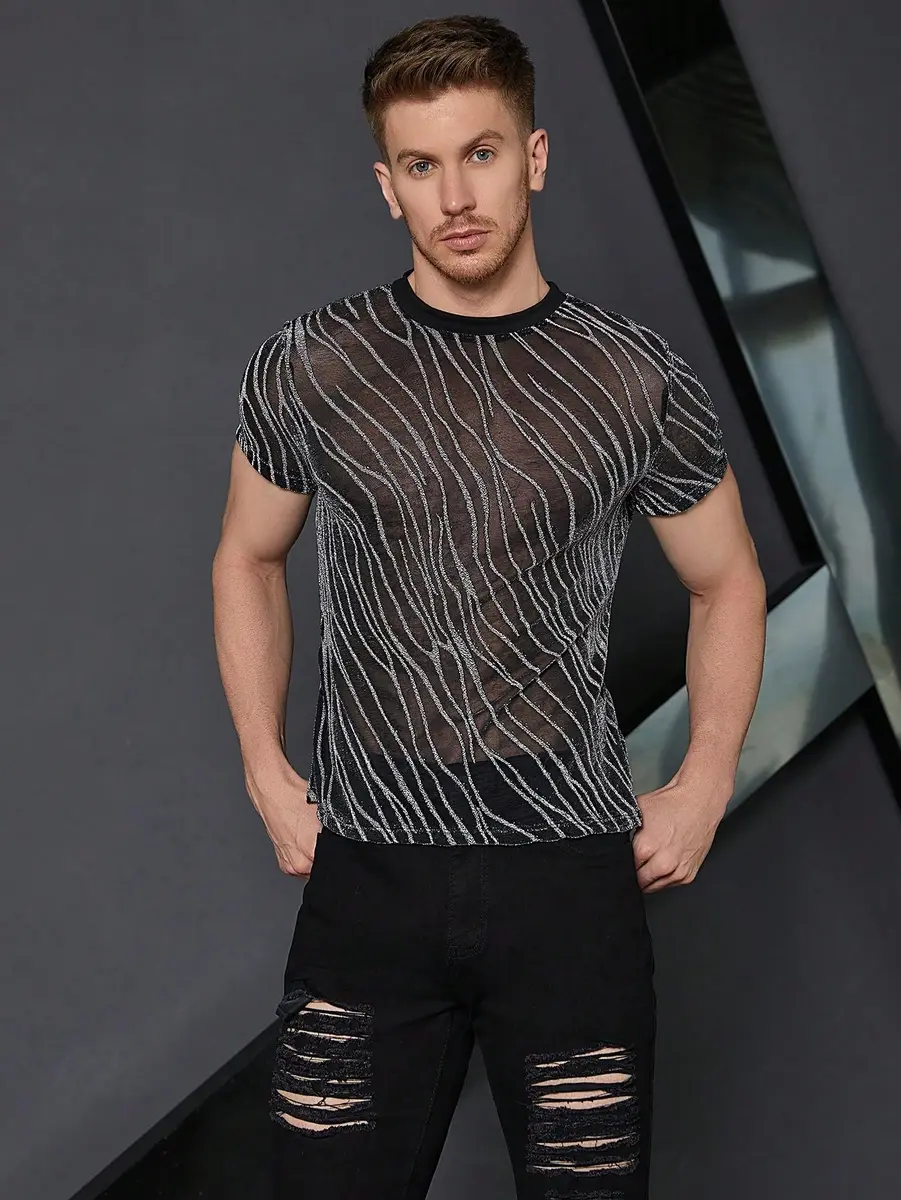WDIRARA Men's Floral Print See Through Mesh T-Shirt Glitter Silver & Black Medium | Party & Club Wear - view 4