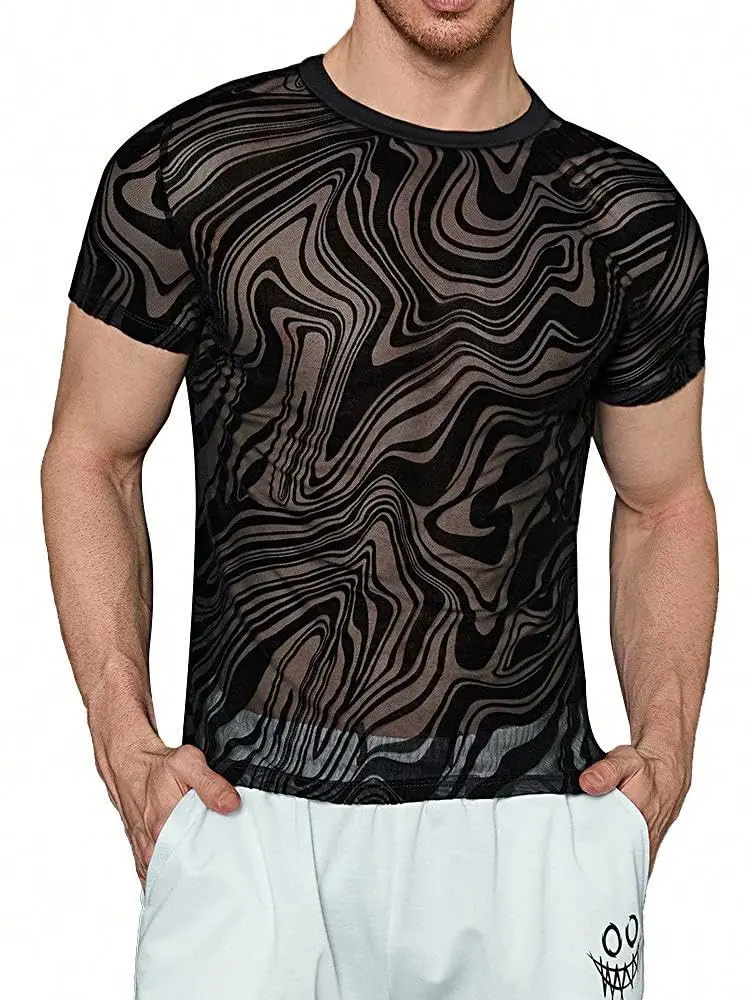 WDIRARA Floral Print Mesh T-Shirt | Short Sleeve Round Neck, See Through, Marble Print Black, Medium - main product image