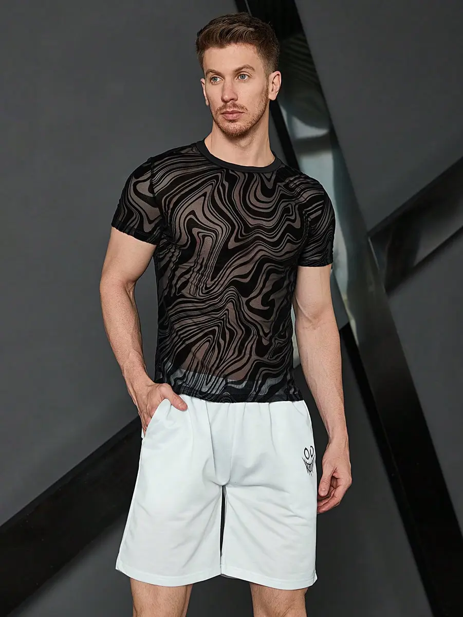 WDIRARA Floral Print Mesh T-Shirt | Short Sleeve Round Neck, See Through, Marble Print Black, Medium - view 3