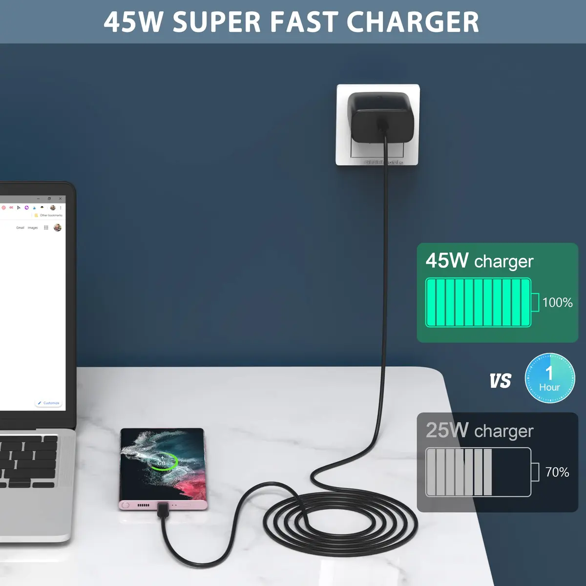 PIOEVTKA 45W USB C Fast Charger with 6ft Cable | Rapid Android & Samsung Power - view 3