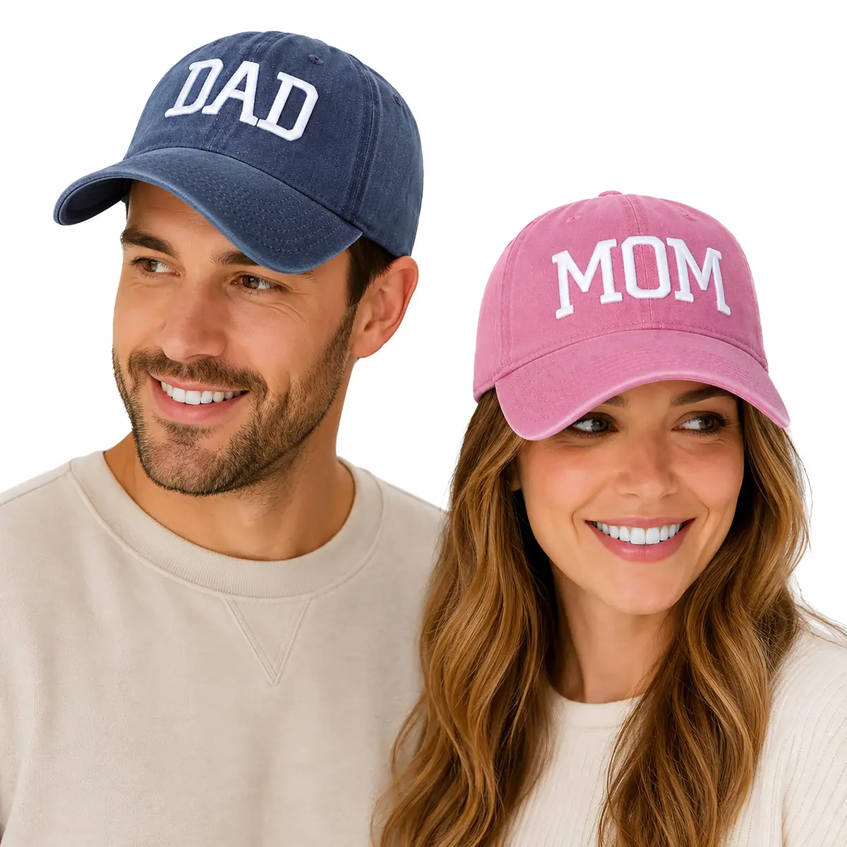 Aeonda Mom and Dad Hats Set of 2 Washed Cotton 3D Embroidered Baseball Caps | Adjustable Buckle Closure - view 2