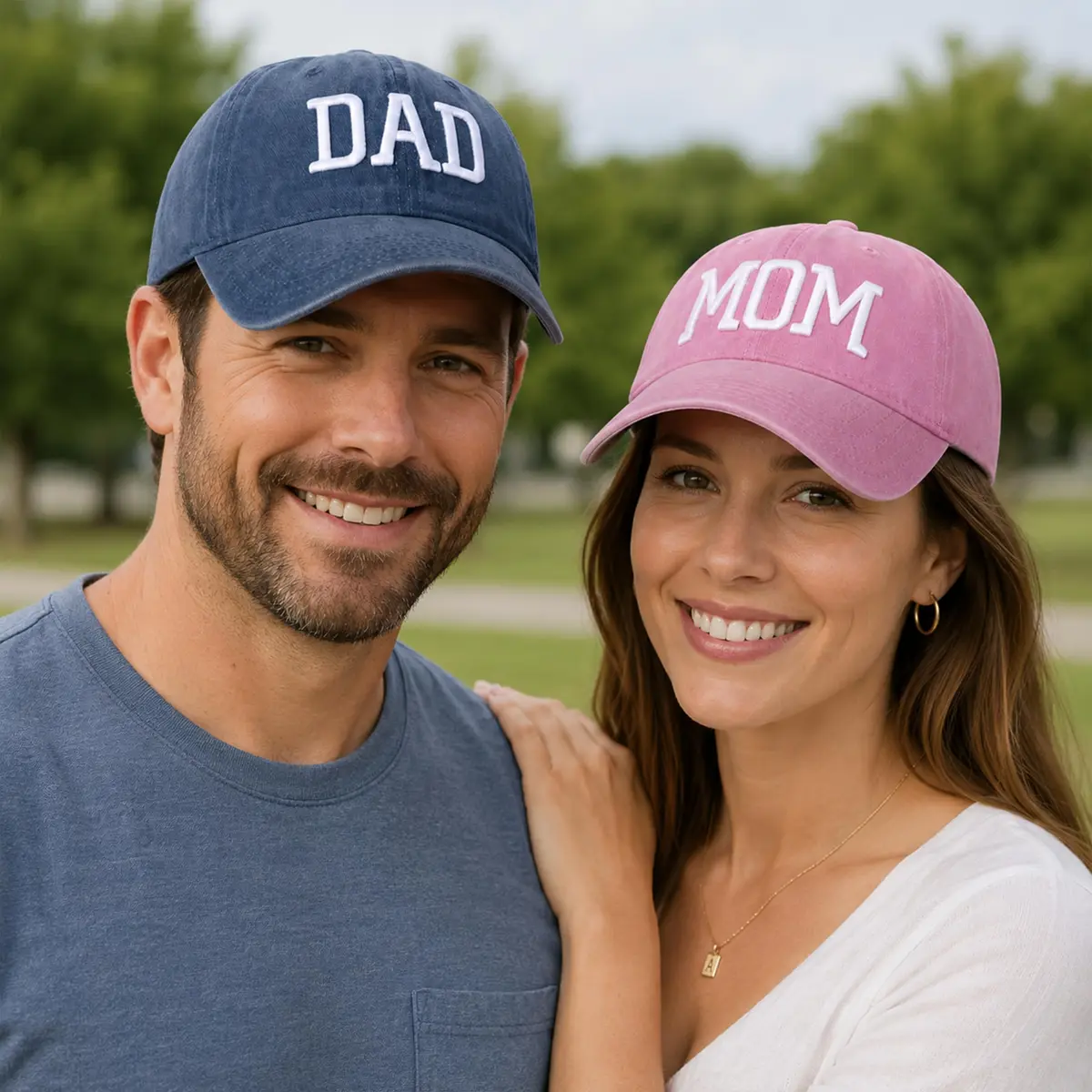 Aeonda Mom and Dad Hats Set of 2 Washed Cotton 3D Embroidered Baseball Caps | Adjustable Buckle Closure - view 3