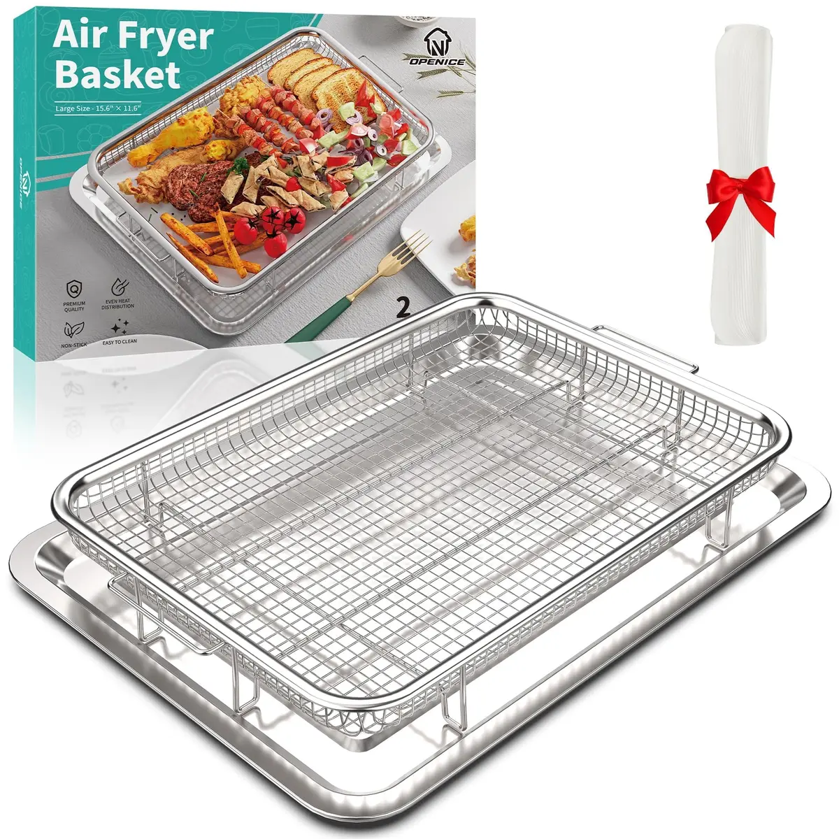 OPENICE Oven Air Fryer Basket and Tray Set 39.9cm x 29.5cm (15.7" x 11.6") | Stainless Steel Non-Stick Crisper Cooker - main product image