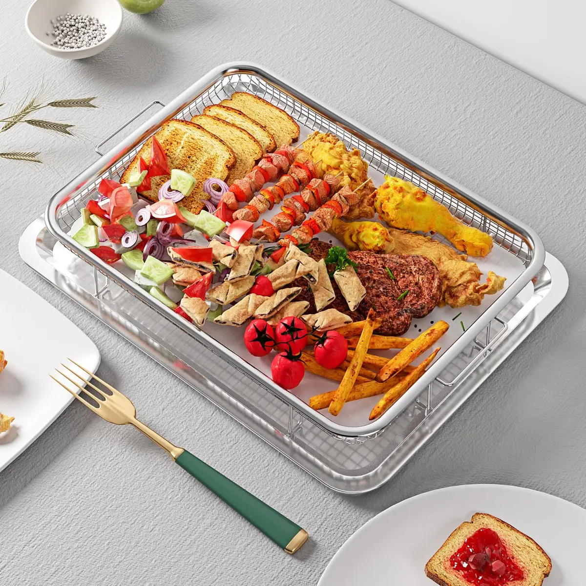 OPENICE Oven Air Fryer Basket and Tray Set 39.9cm x 29.5cm (15.7" x 11.6") | Stainless Steel Non-Stick Crisper Cooker - view 6