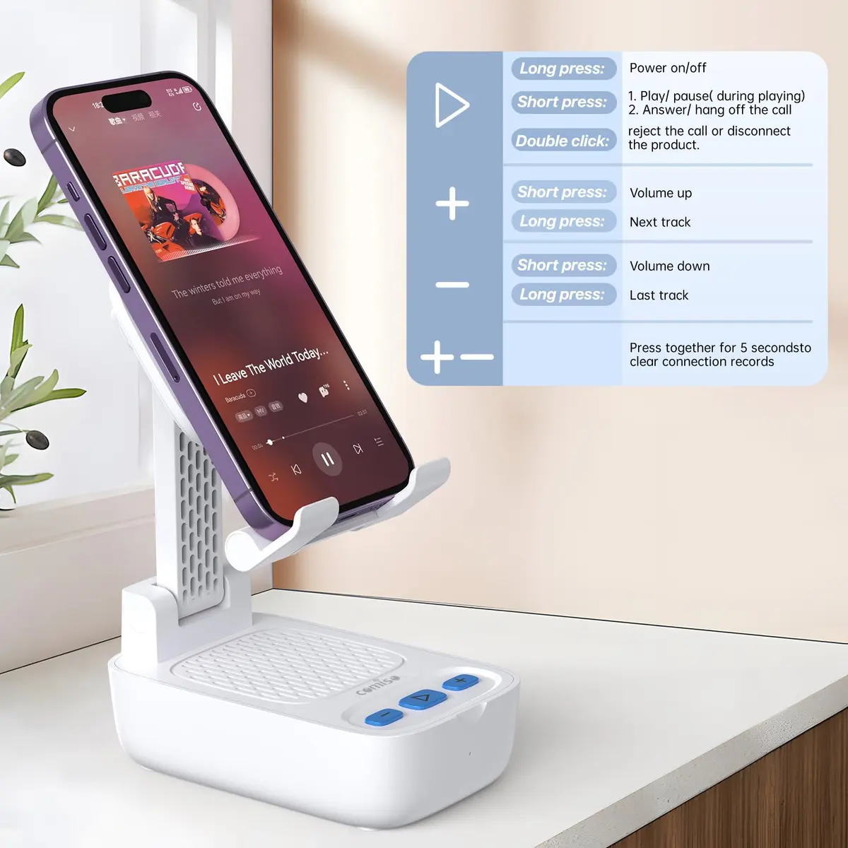 comiso Portable Bluetooth Speaker with Phone Stand, HD Stereo, Adjustable, White | 5W HD Surround Sound Speaker - view 5