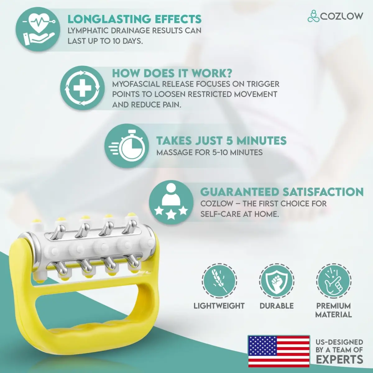 COZLOW MyoRelease Lymphatic Drainage Massager Yellow Handheld Massage Roller | Targets Soreness & Tension - view 5