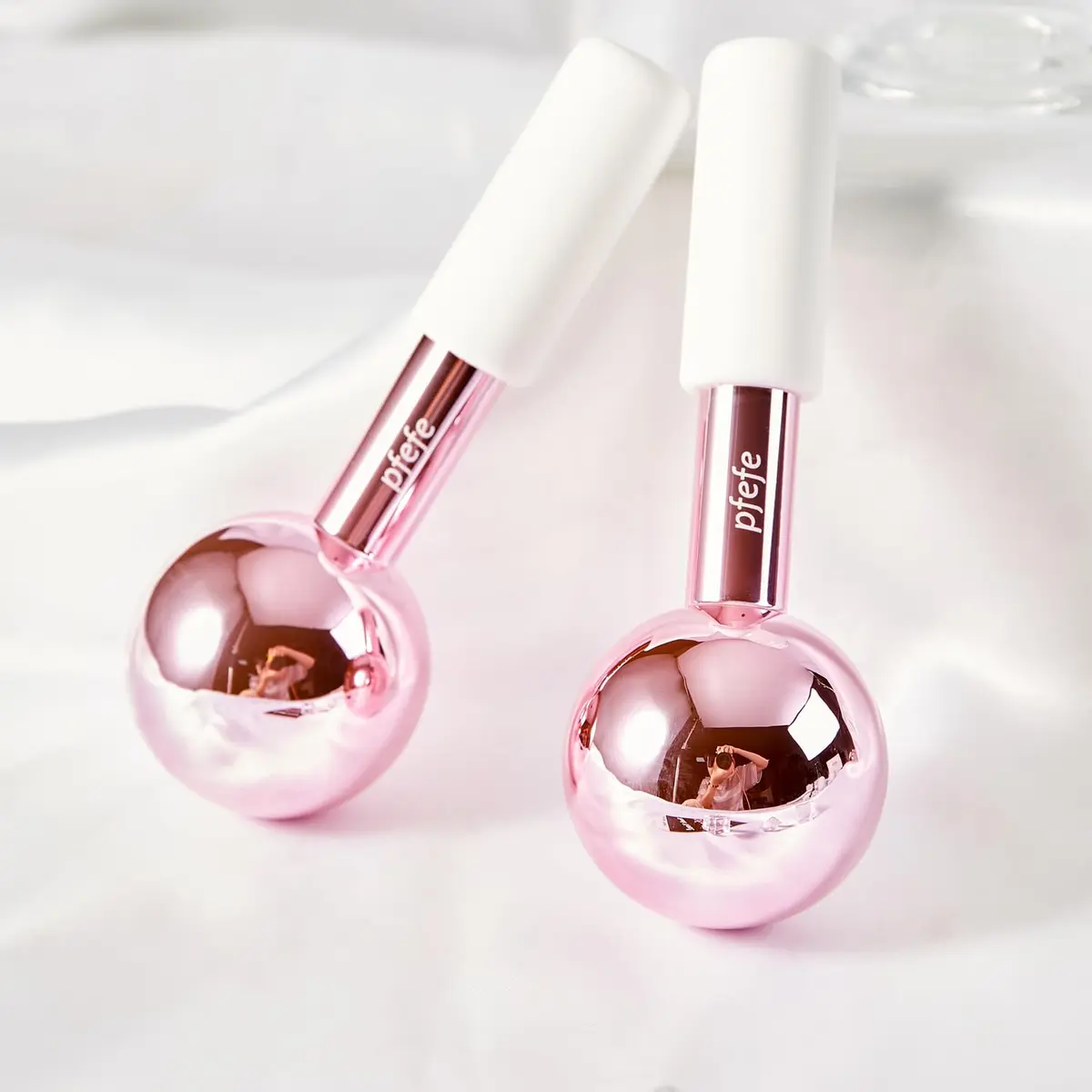 pfefe Ice Globes for Face & Eyes, Stainless Steel Cooling Roller with Rubber Holders & Bag | 2-Pack, Frozenberry Pink - view 6