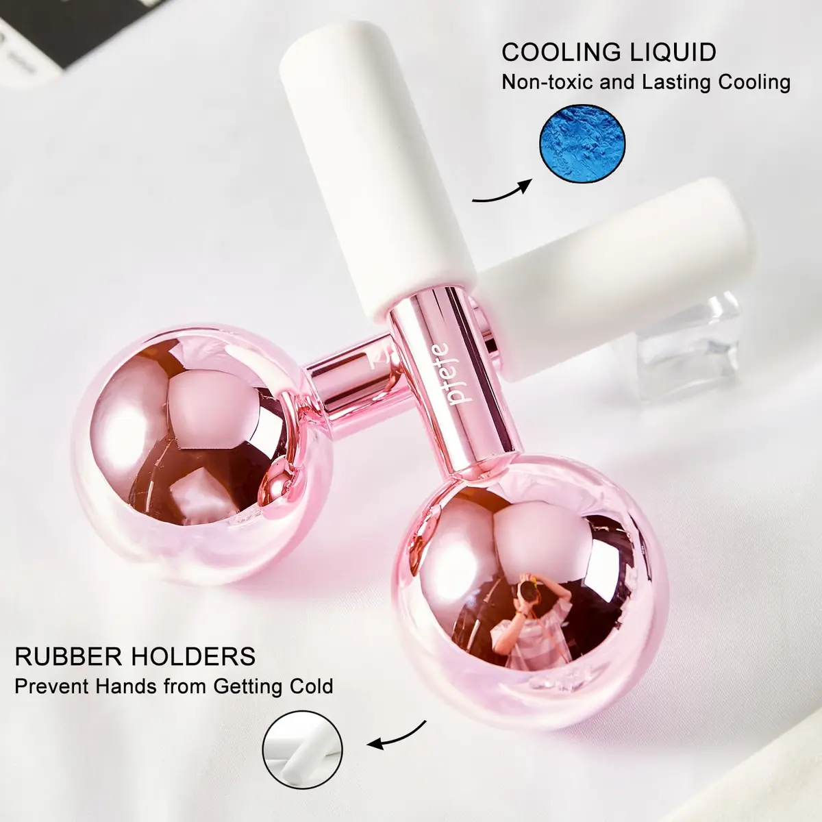 pfefe Ice Globes for Face & Eyes, Stainless Steel Cooling Roller with Rubber Holders & Bag | 2-Pack, Frozenberry Pink - view 3