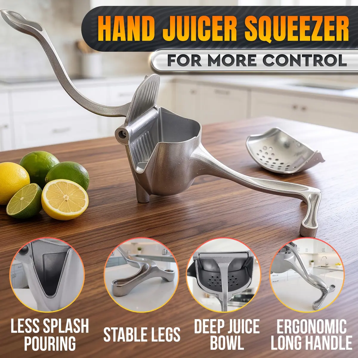 LEGLO Manual Citrus Juicer Squeezer 600ml (20 oz) Aluminum Bowl with Pour Spout | Easy Leverage for Lemons, Limes, Oranges - view 4