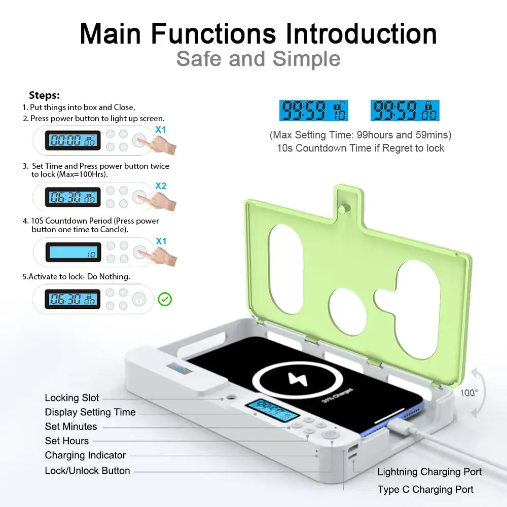ySky Portable Phone Lock Box with Timer Green | Internal Size 18.3 x 8.7 x 1.5cm (7.2 x 3.4 x 0.59inch) - view 3