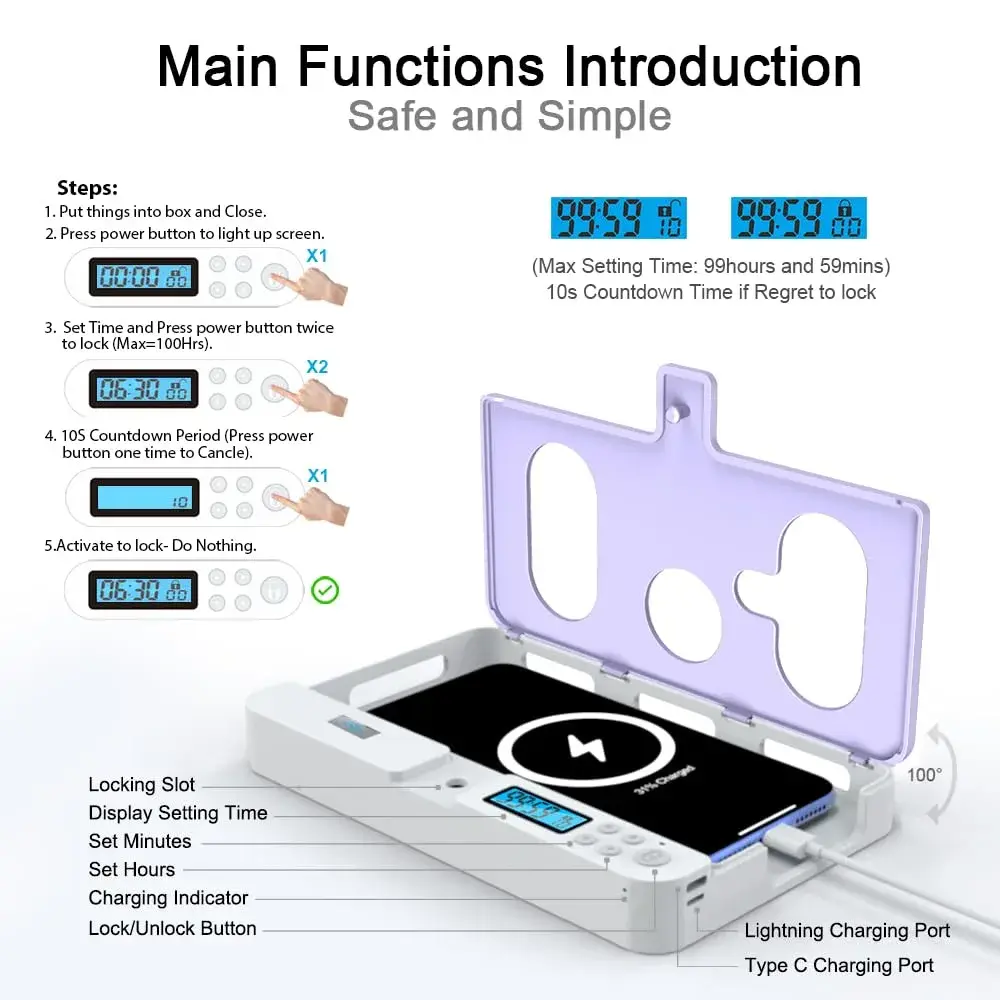 ySky Portable Phone Lock Box with Timer, Purple | 18.3cm (7.2in) Internal Size - view 3