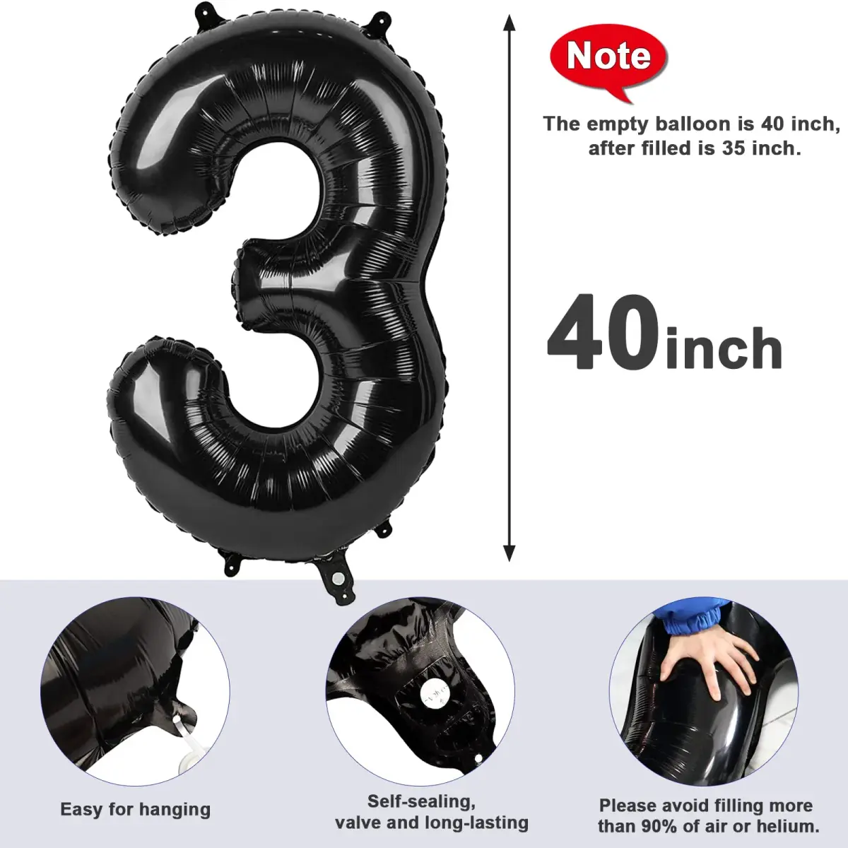 Mluchee Black Number 3 Balloon 40 Inch | Jumbo Foil Birthday Party Decoration - view 5