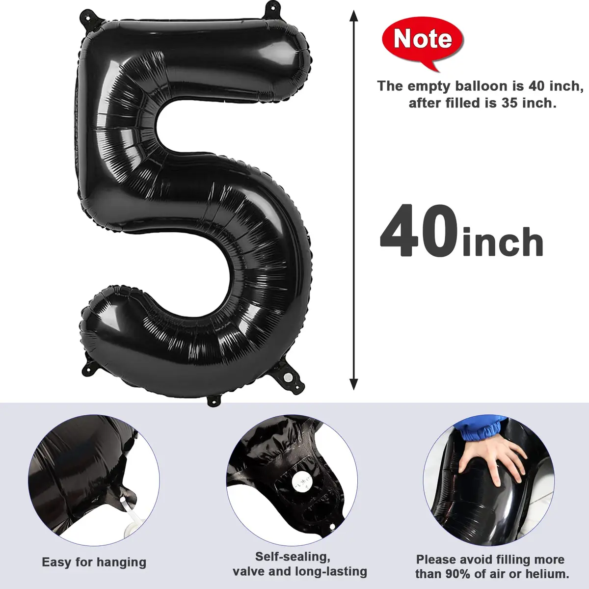 Mluchee Black Number 5 Balloon 40 Inch | Jumbo Foil Balloon for Birthday Party Decorations - view 6