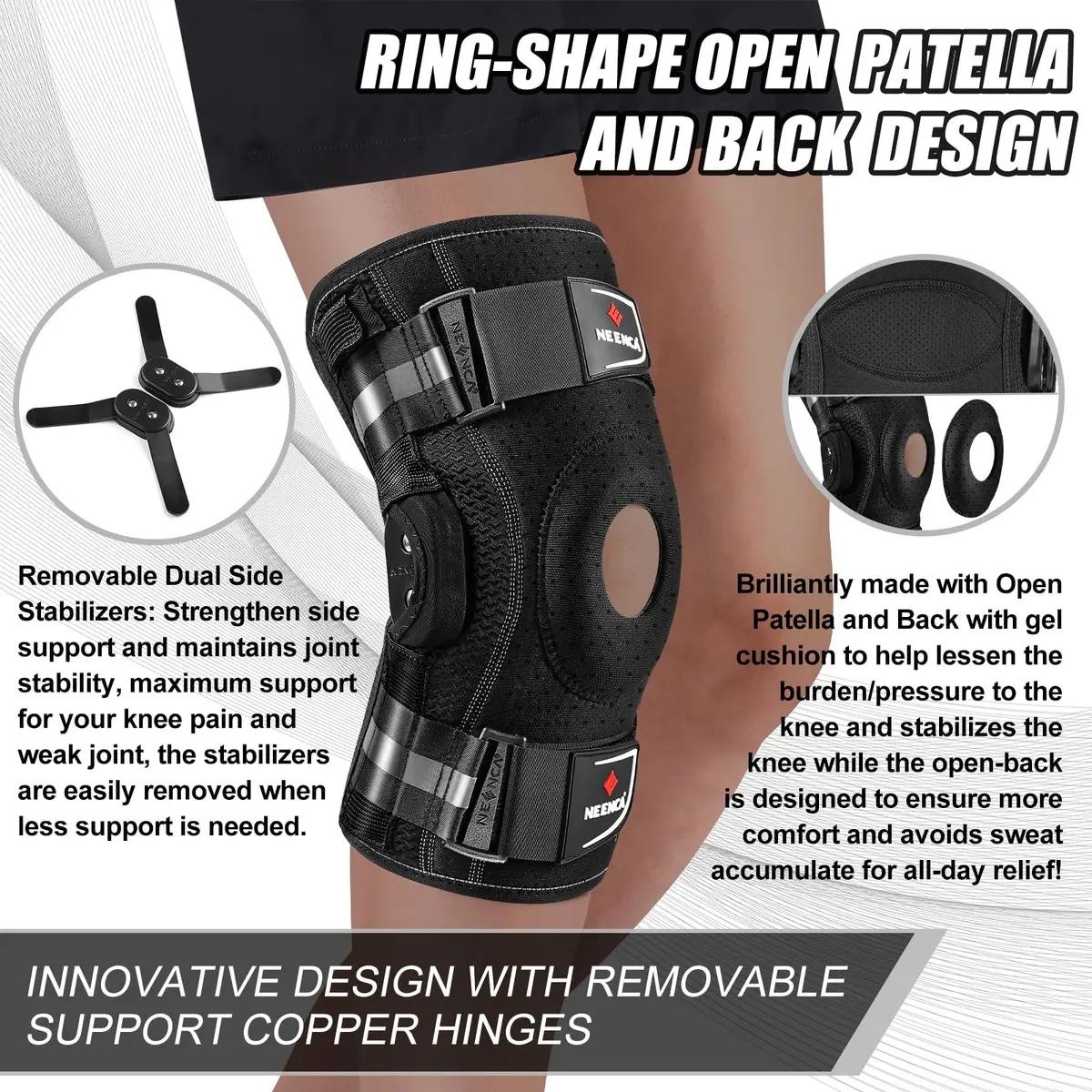 NEENCA Professional Knee Brace | Hinged Support for Men & Women, Patella Gel Pad, Removable Side Stabilizers, Adjustable Velcro Straps, Open Patella, Black, Large - view 6