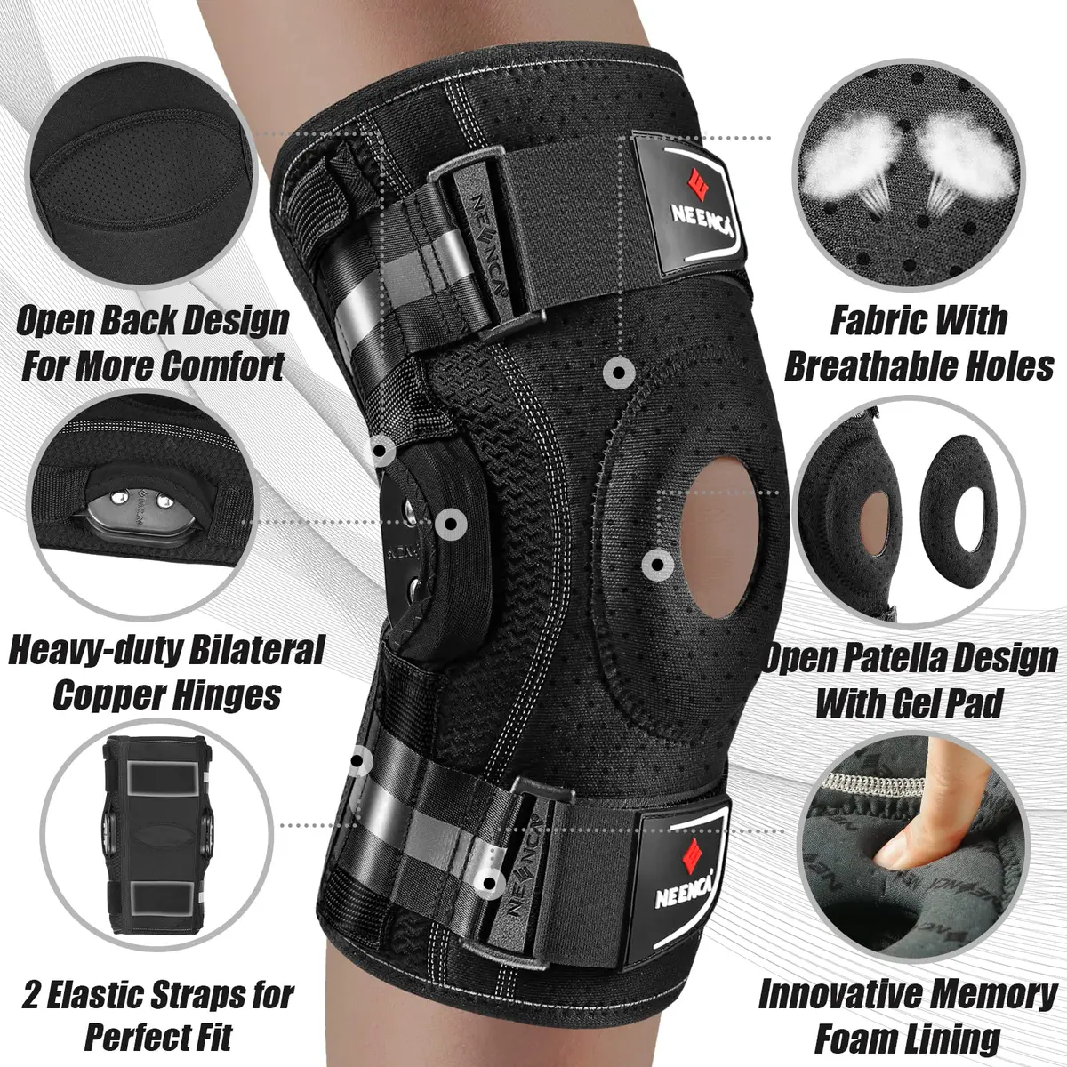 NEENCA Professional Knee Brace | Hinged Support for Men & Women, Patella Gel Pad, Removable Side Stabilizers, Adjustable Velcro Straps, Open Patella, Black, Large - view 4