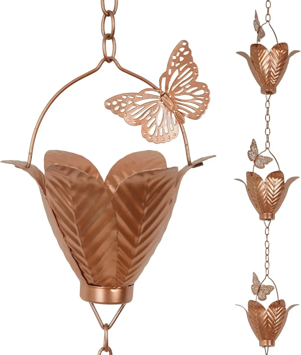 TZSSP 8.75FT Metal Rain Chain for Gutters | Tulip Cups with Butterflies, Outdoor Decor - main product image