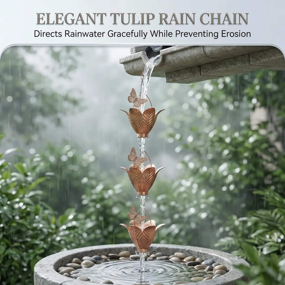 TZSSP 8.75FT Metal Rain Chain for Gutters | Tulip Cups with Butterflies, Outdoor Decor - view 5