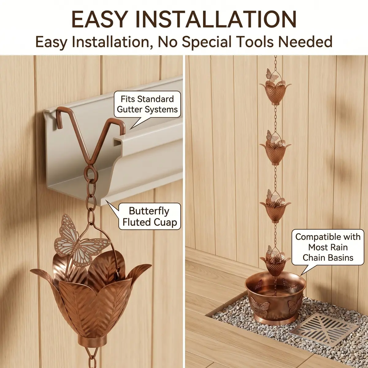 TZSSP 8.75FT Metal Rain Chain for Gutters | Tulip Cups with Butterflies, Outdoor Decor - view 6