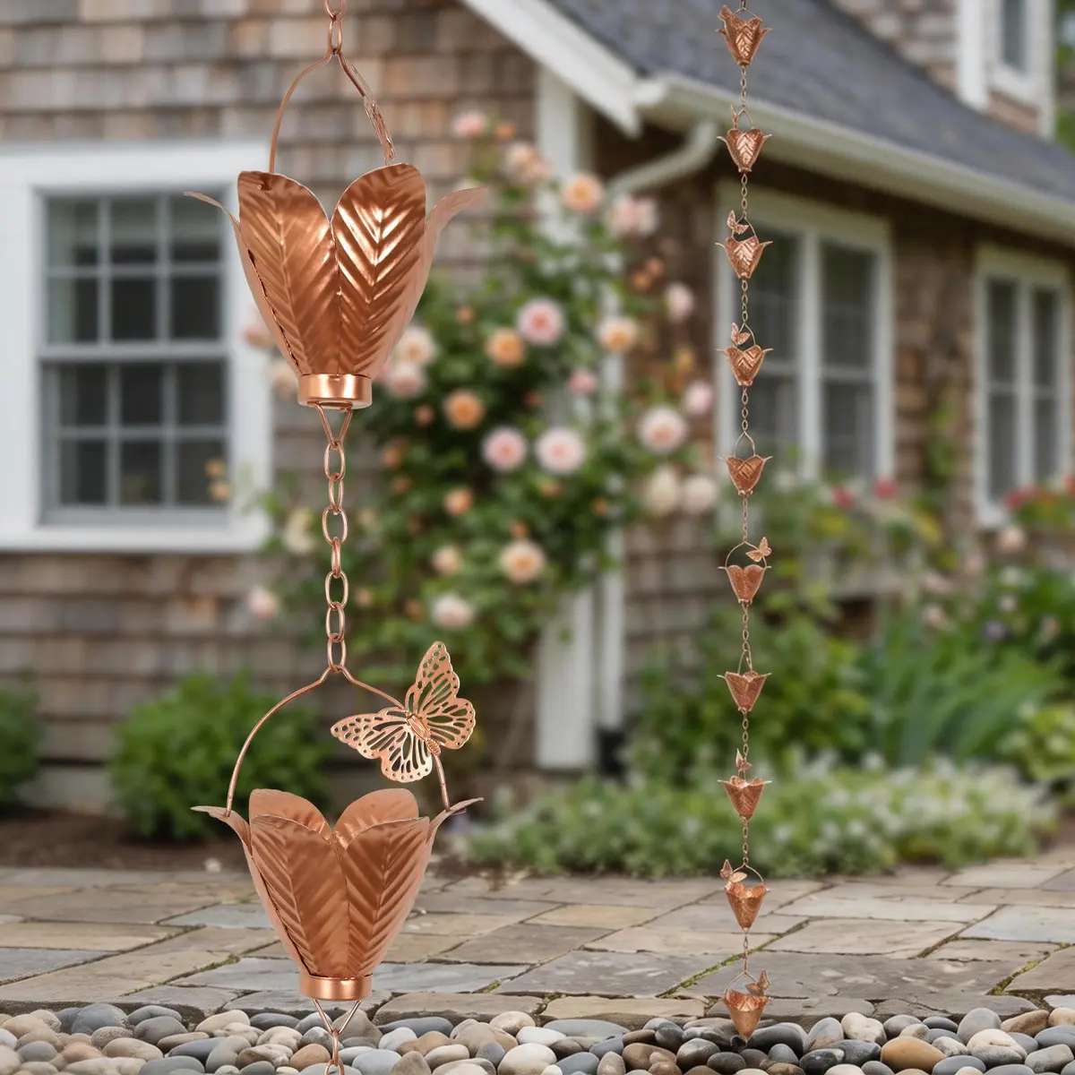 TZSSP 8.75FT Metal Rain Chain for Gutters | Tulip Cups with Butterflies, Outdoor Decor - view 9