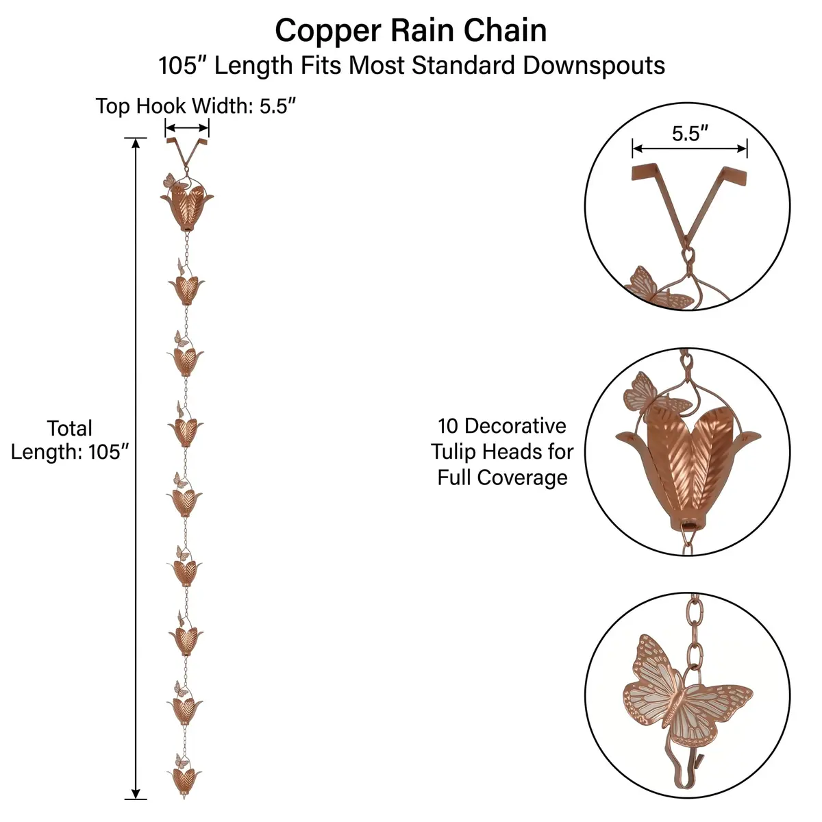 TZSSP 8.75FT Metal Rain Chain for Gutters | Tulip Cups with Butterflies, Outdoor Decor - view 2