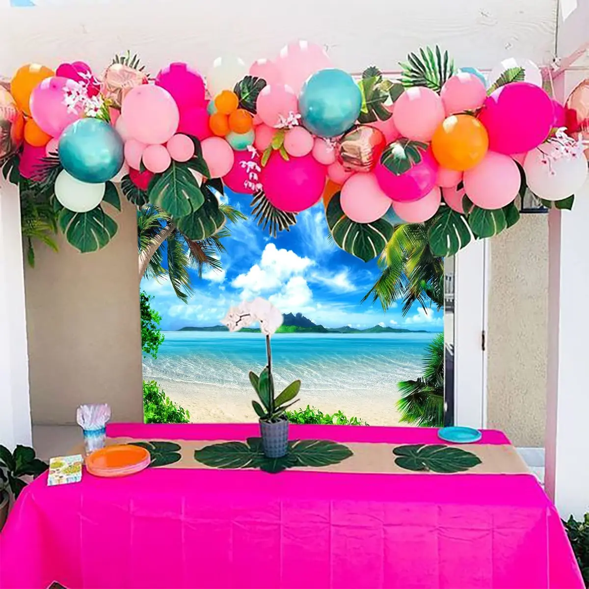 MAQTT Summer Beach Theme Photo Background Hawaii Coconut Tree Banquet Scene Photography Background Wedding Party Decorative Banner Photo Props 270cm x 180cm (9x6ft) - view 8