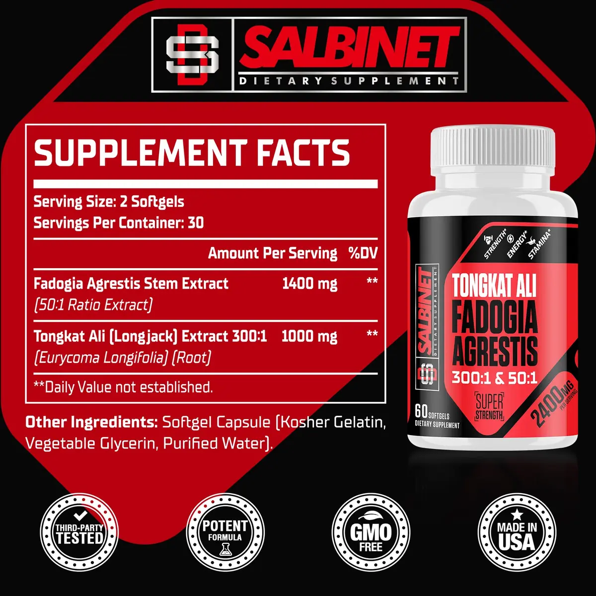 Salbinet 2400mg Fadogia Agrestis & Tongkat Ali Supplement | Max Strength for Muscle & Performance - view 2