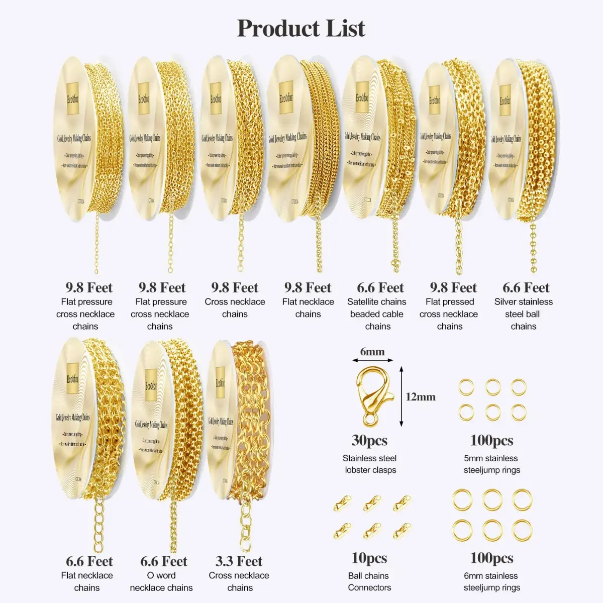Ecoofor Gold Necklace Chains for Jewelry Making Kit 78.7ft (10 Rolls) | DIY Necklace Bracelet Jewelry Making with Jump Rings & Clasps - view 3