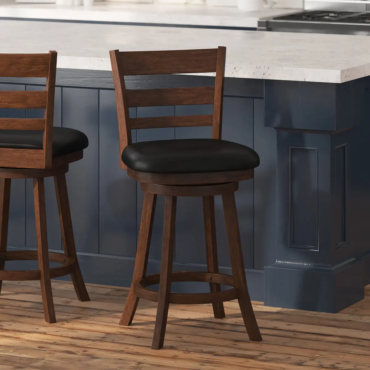 Taylor + Logan Zayne Classic Ladderback Wooden Swivel Counter Stool with Faux Leather Seat, Antique Oak/Black | Timeless Elegance for Kitchen & Dining - main product image
