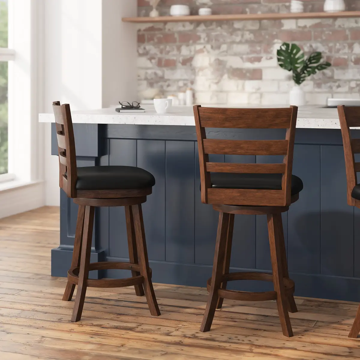 Taylor + Logan Zayne Classic Ladderback Wooden Swivel Counter Stool with Faux Leather Seat, Antique Oak/Black | Timeless Elegance for Kitchen & Dining - view 7