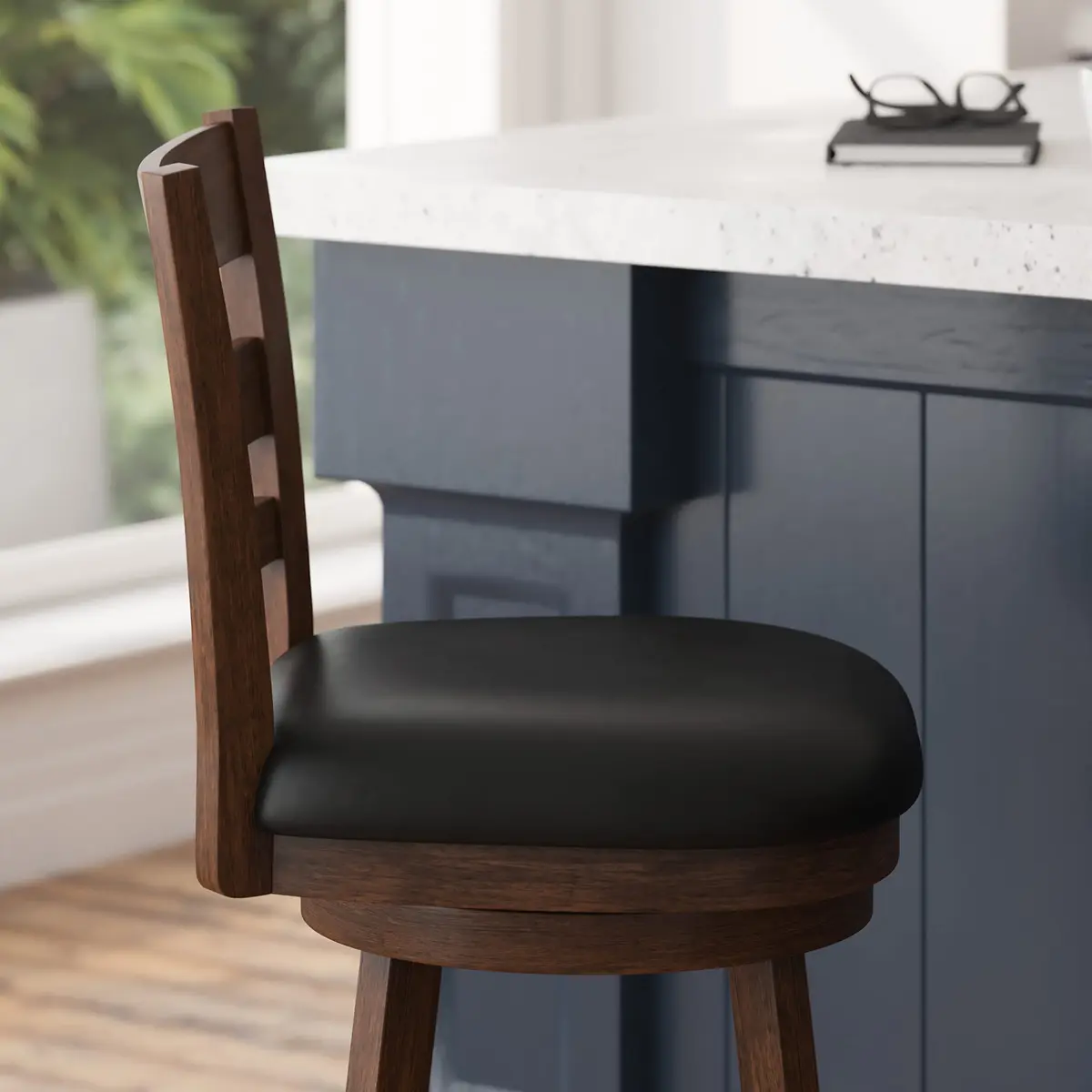 Taylor + Logan Zayne Classic Ladderback Wooden Swivel Counter Stool with Faux Leather Seat, Antique Oak/Black | Timeless Elegance for Kitchen & Dining - view 8