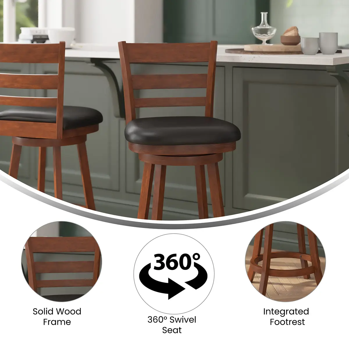 Taylor + Logan Zayne Classic Ladderback Wooden Swivel Counter Stool with Faux Leather Seat, Antique Oak/Black | Timeless Elegance for Kitchen & Dining - view 3