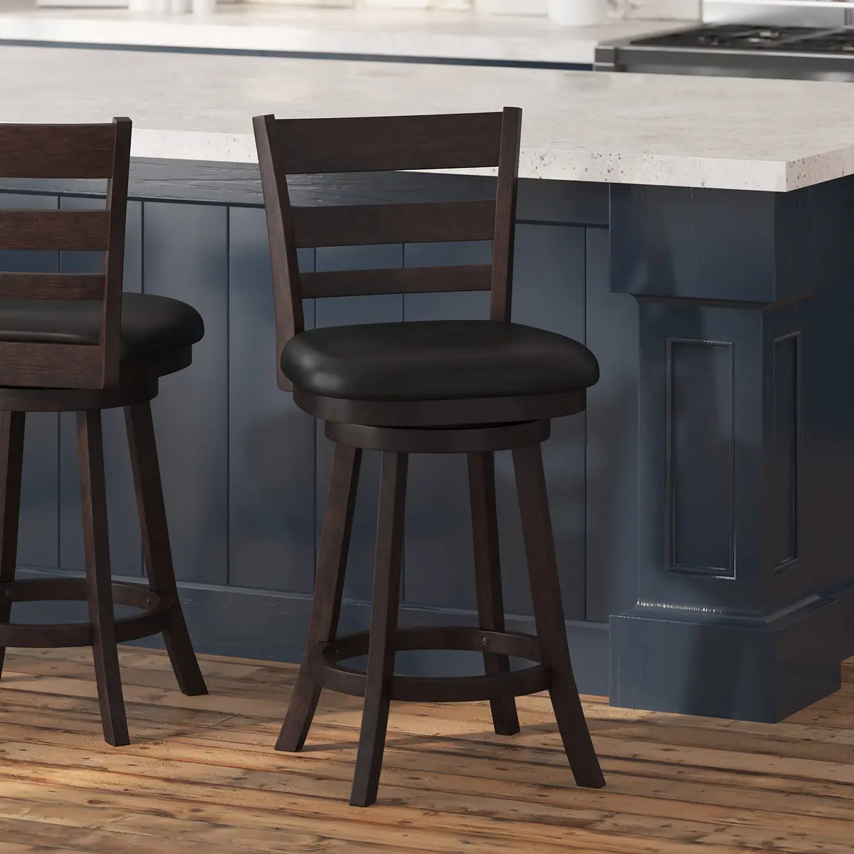 Taylor + Logan Zayne Classic Ladderback Wooden Swivel Counter Stool with Faux Leather Seat, Espresso/Black | Timeless Elegance & Modern Functionality - main product image