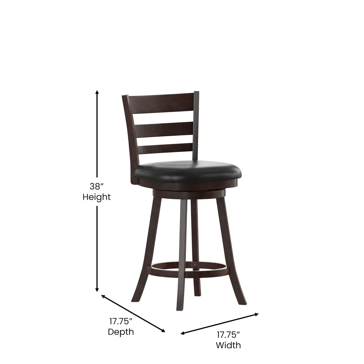 Taylor + Logan Zayne Classic Ladderback Wooden Swivel Counter Stool with Faux Leather Seat, Espresso/Black | Timeless Elegance & Modern Functionality - view 6