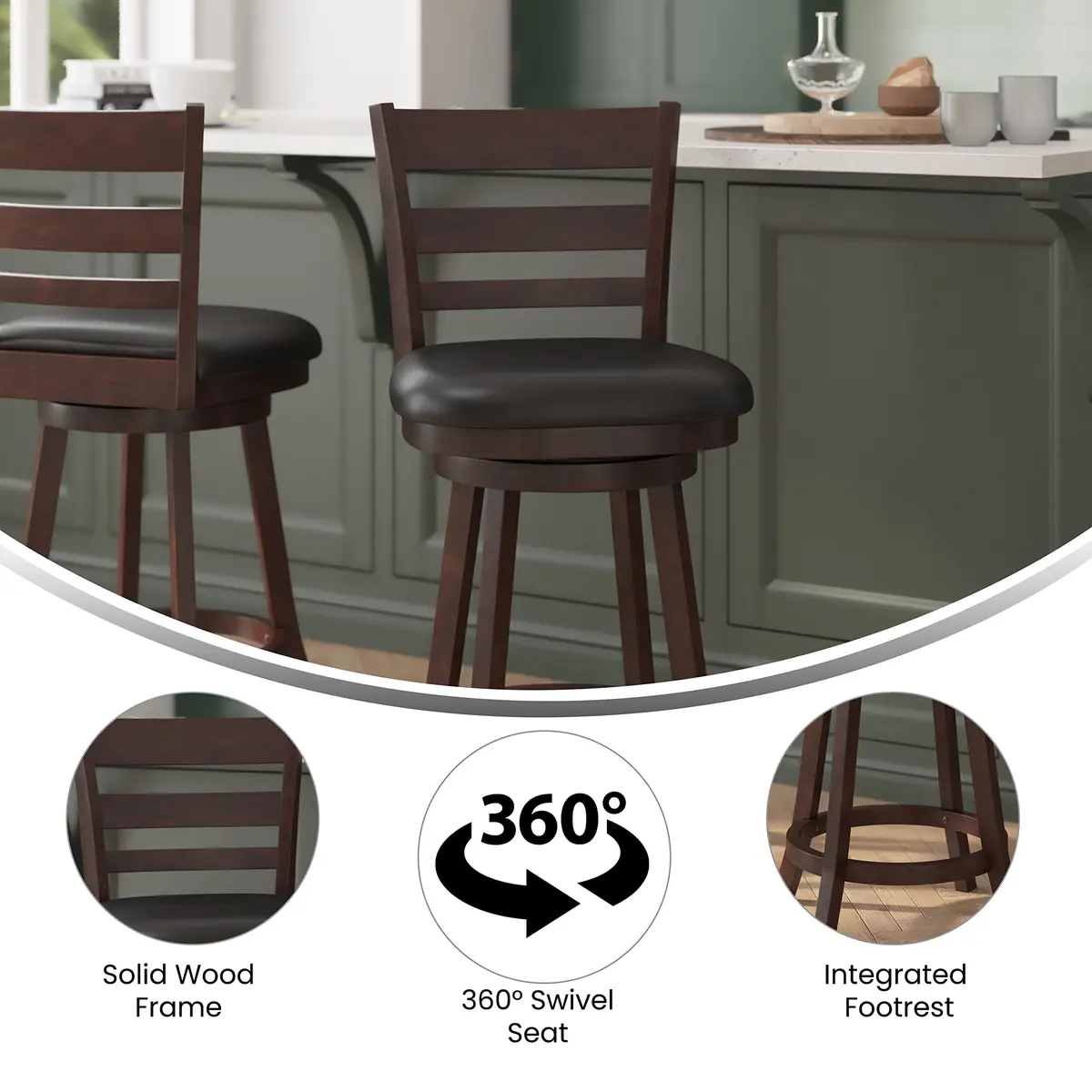 Taylor + Logan Zayne Classic Ladderback Wooden Swivel Counter Stool with Faux Leather Seat, Espresso/Black | Timeless Elegance & Modern Functionality - view 3