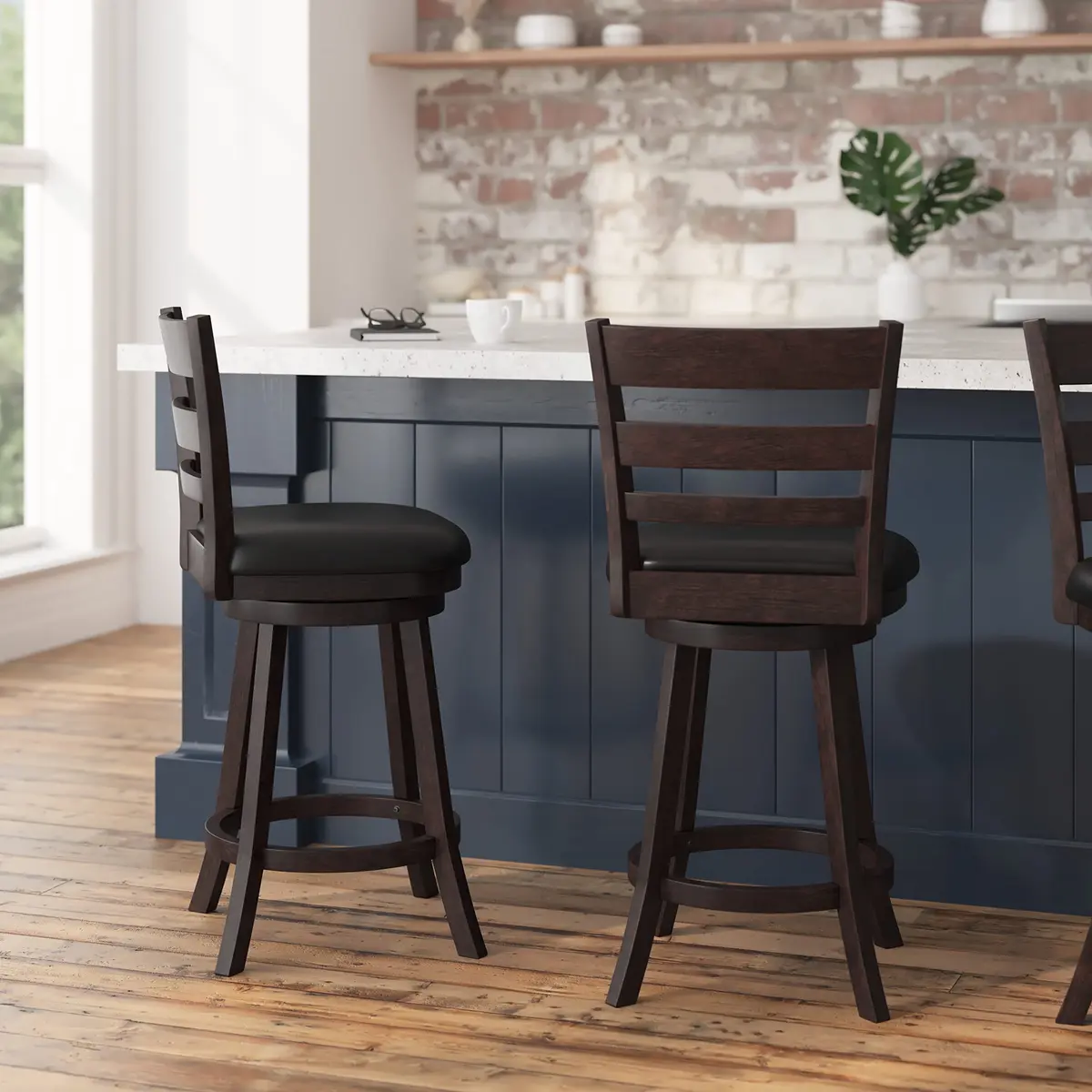 Taylor + Logan Zayne Classic Ladderback Wooden Swivel Counter Stool with Faux Leather Seat, Espresso/Black | Timeless Elegance & Modern Functionality - view 4