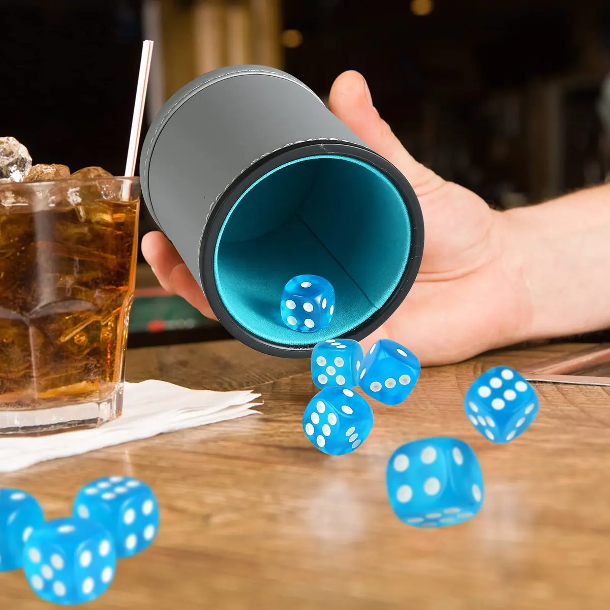 GWHOLE Leather Dice Cup with 10 Sky Blue Dice | Standard 16mm D6 for Tabletop Games - view 2
