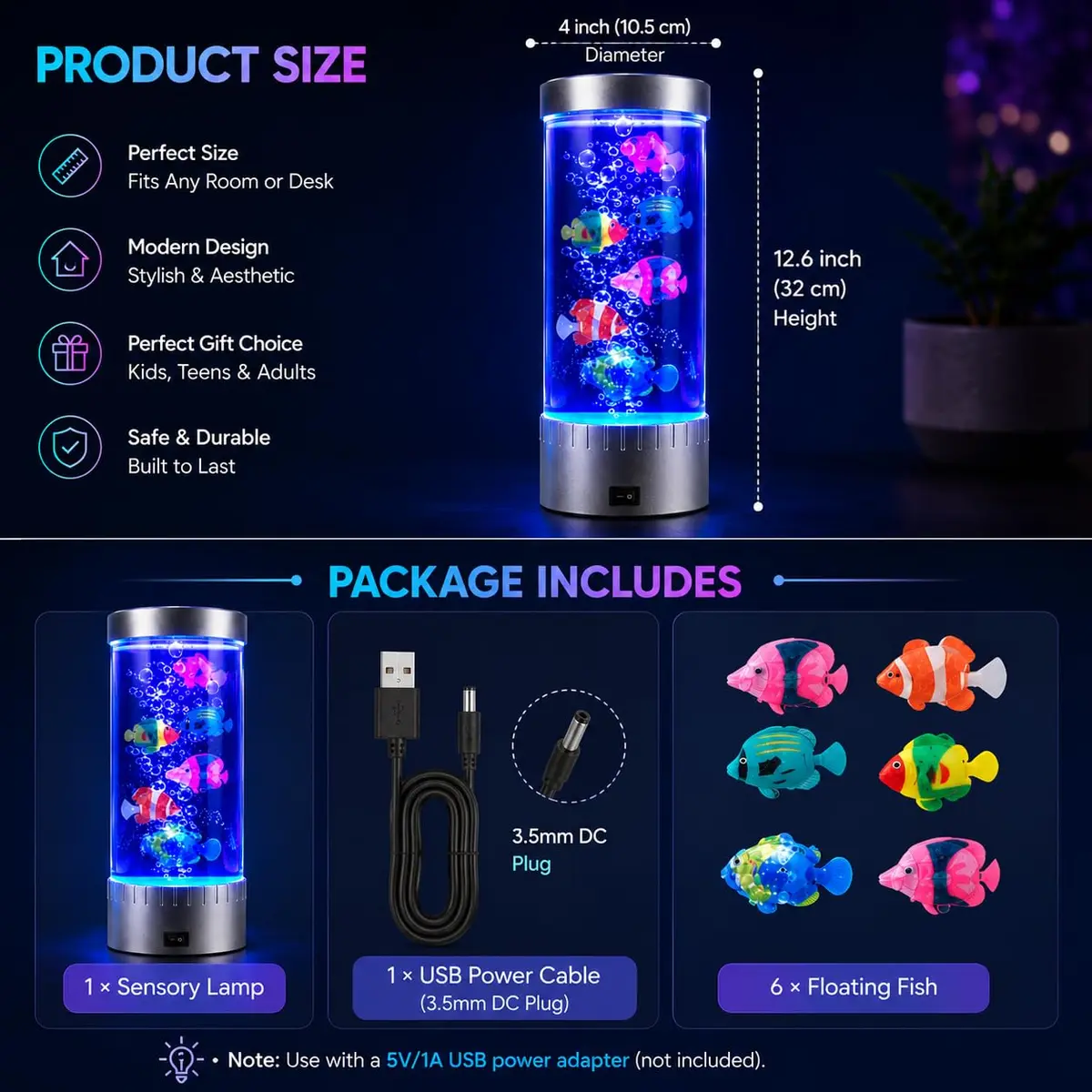impcenst Jellyfish Lamp with RGB Color Changing LED Lights | Bubble Fish Tank Night Light for Bedroom & Desk - view 8