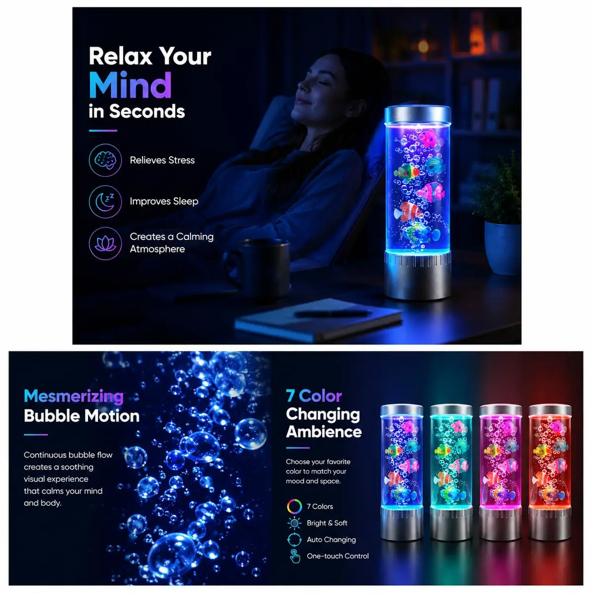 impcenst Jellyfish Lamp with RGB Color Changing LED Lights | Bubble Fish Tank Night Light for Bedroom & Desk - view 9