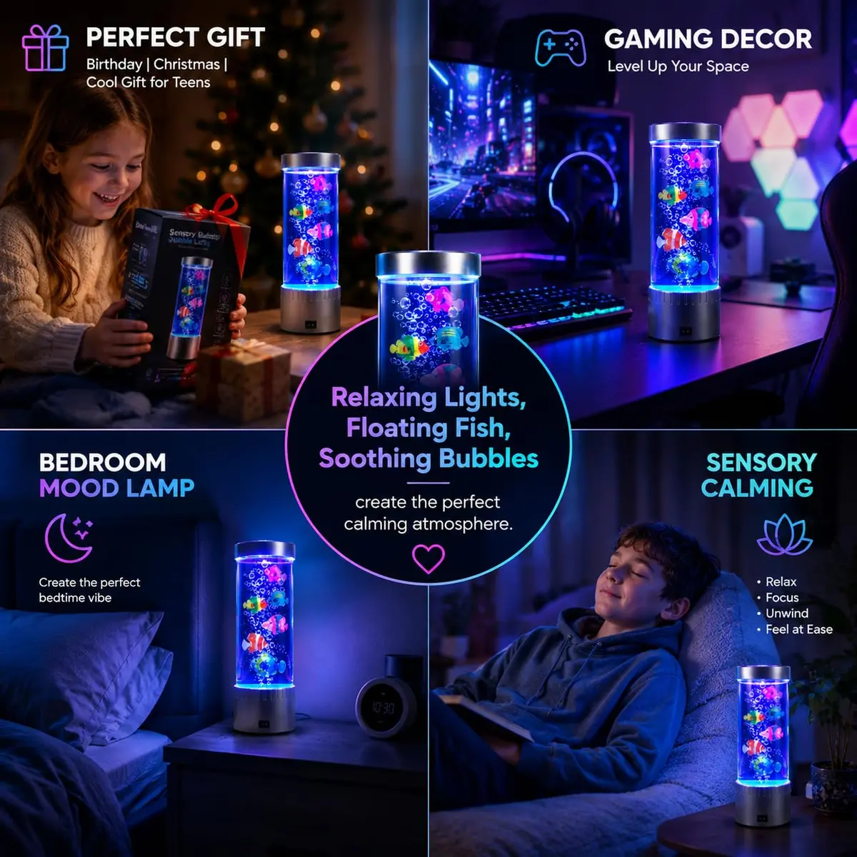 impcenst Jellyfish Lamp with RGB Color Changing LED Lights | Bubble Fish Tank Night Light for Bedroom & Desk - view 2