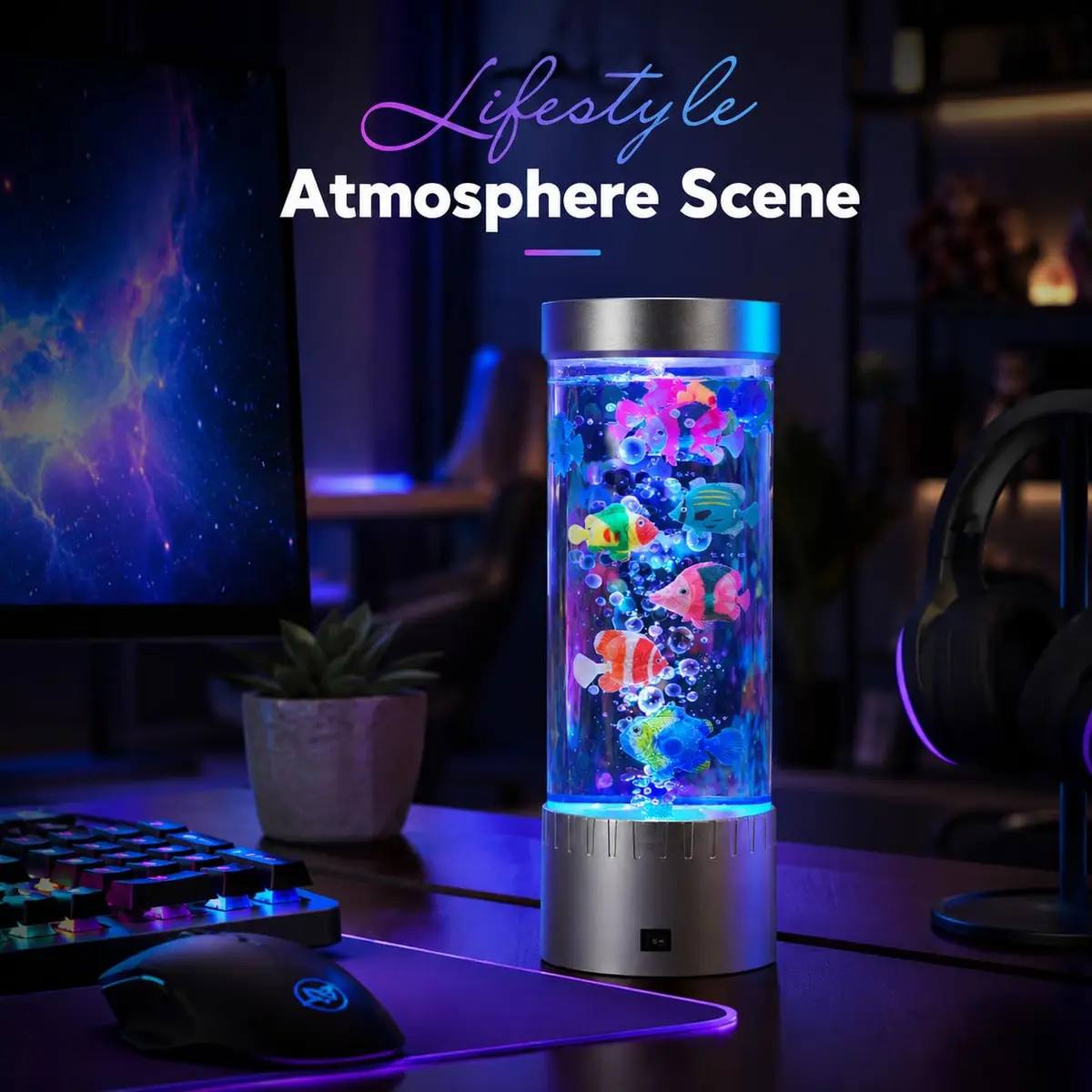 impcenst Jellyfish Lamp with RGB Color Changing LED Lights | Bubble Fish Tank Night Light for Bedroom & Desk - view 3