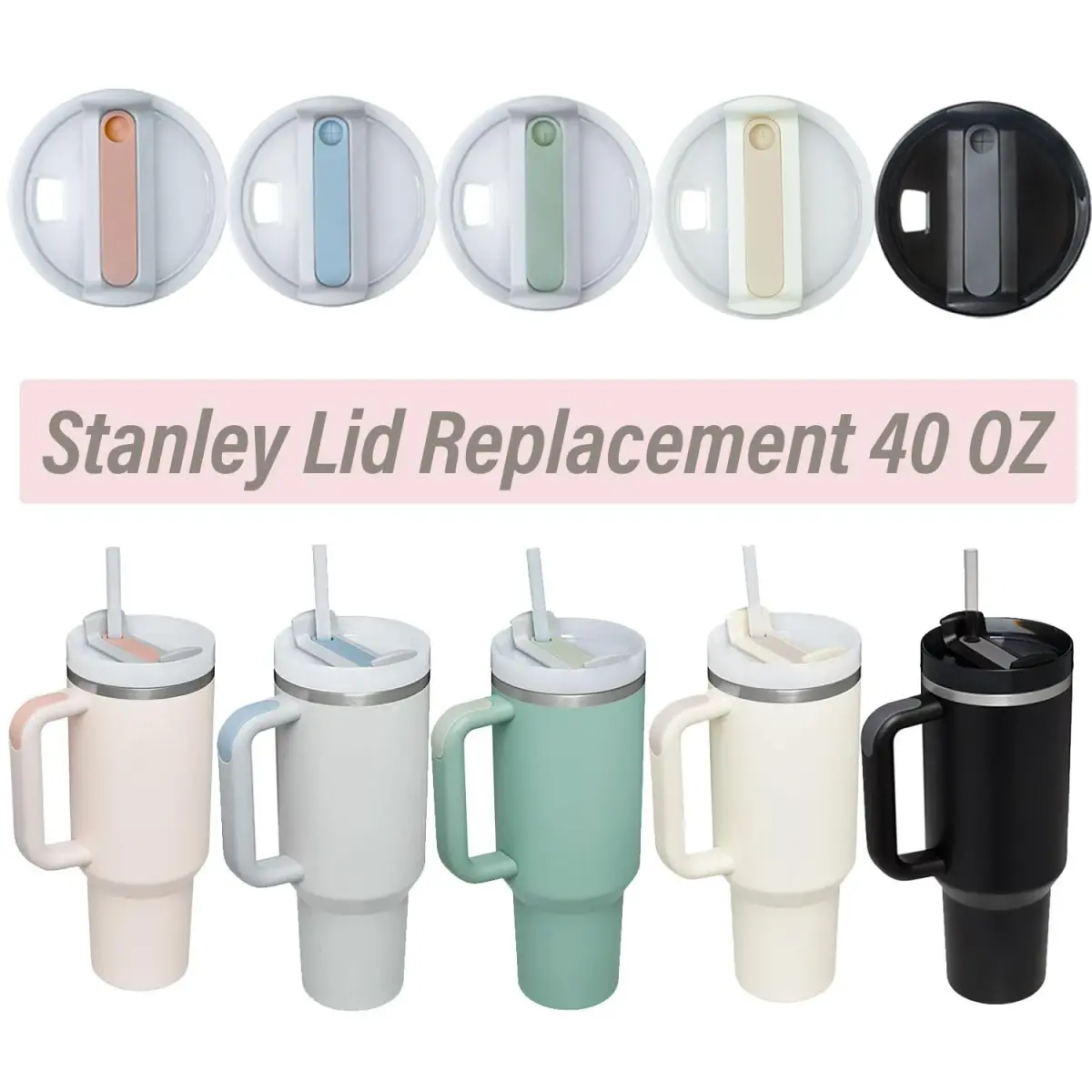 Horsdo 40oz Tumbler Lid with Straw Opening for Stanley Quencher 2.0 | Beige, 2-Pack - view 6