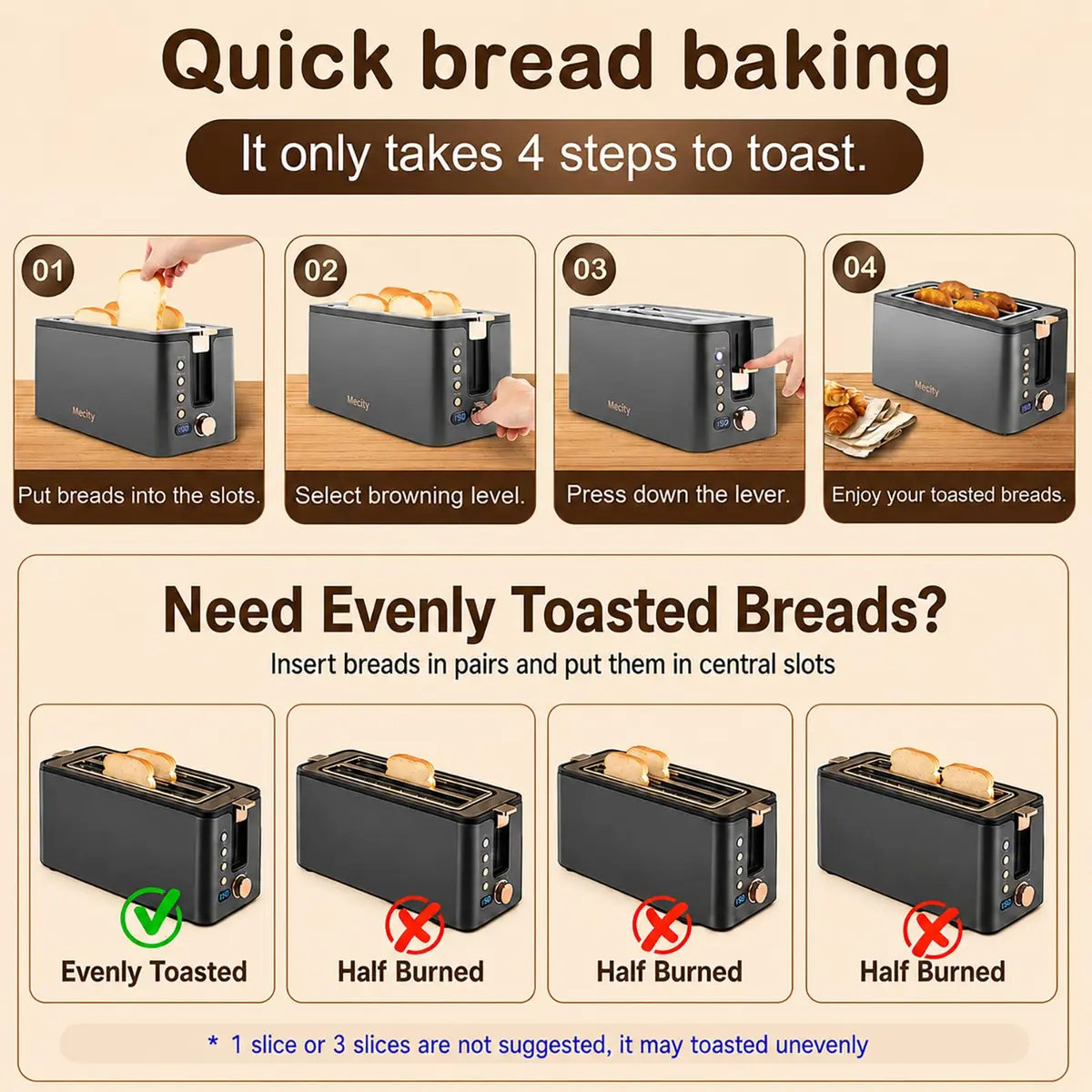 Mecity 4 Slice Toaster, Long Slot Stainless Steel | 6 Browning Settings & Warming Rack - view 7